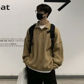 starboy outfit Autumn and Winter Polo Collar Sweater Men's Loose Trendy Hong Kong Style All-Match Long Sleeve Solid Color Lapel Sweater Top Coat